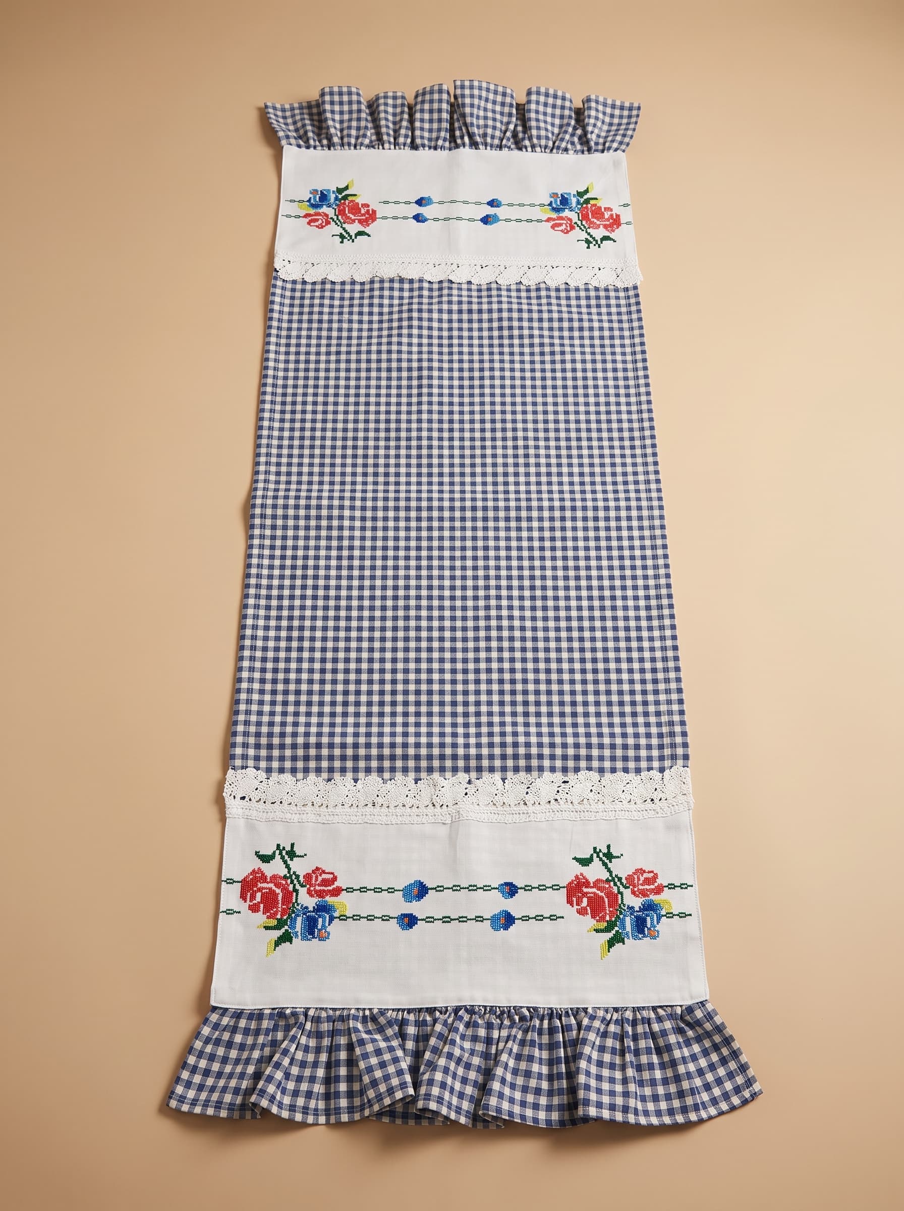 Vintage Kanaviçe İşlemeli Mavi Pötikare Runner
