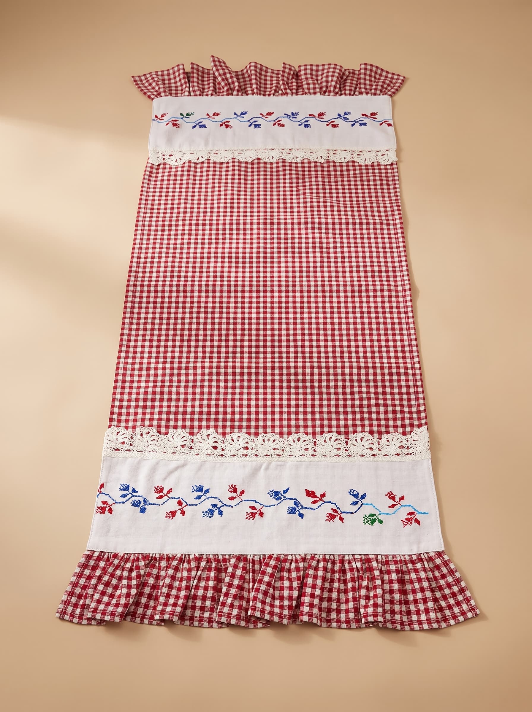 Vintage Kanaviçe İşlemeli Bordo Pötikare Runner