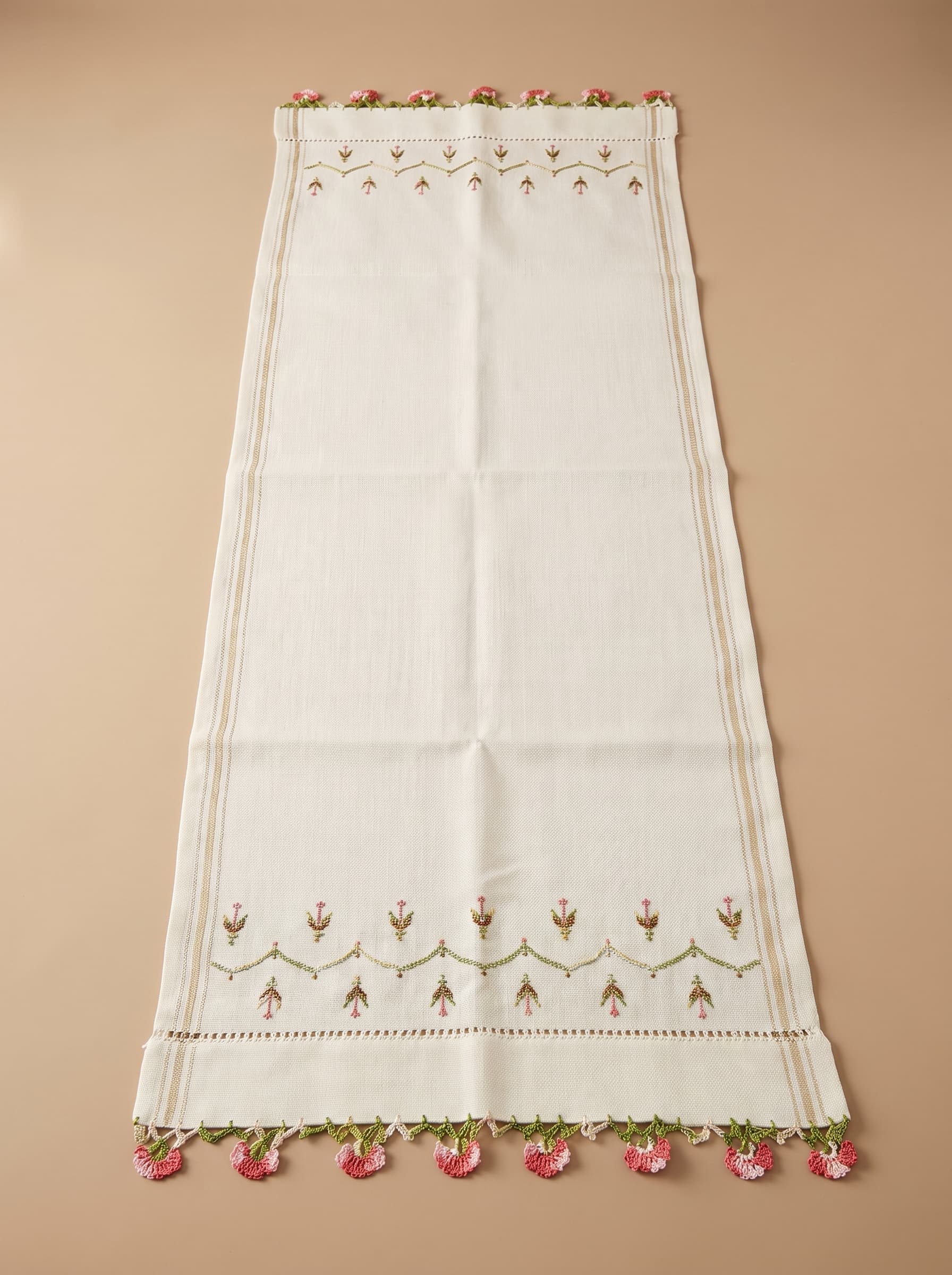 Vintage Kanaviçe ve İğne Oyası Detaylı Krem Runner